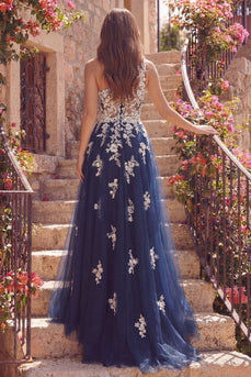 Glitter A Line Floral Navy One Shoulder Long Prom Dress