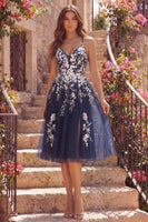 Load image into Gallery viewer, Sparkly Spaghetti Straps A Line Floral Navy Short Prom Dress with Slit