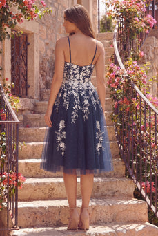 Sparkly Spaghetti Straps A Line Floral Navy Short Prom Dress with Slit