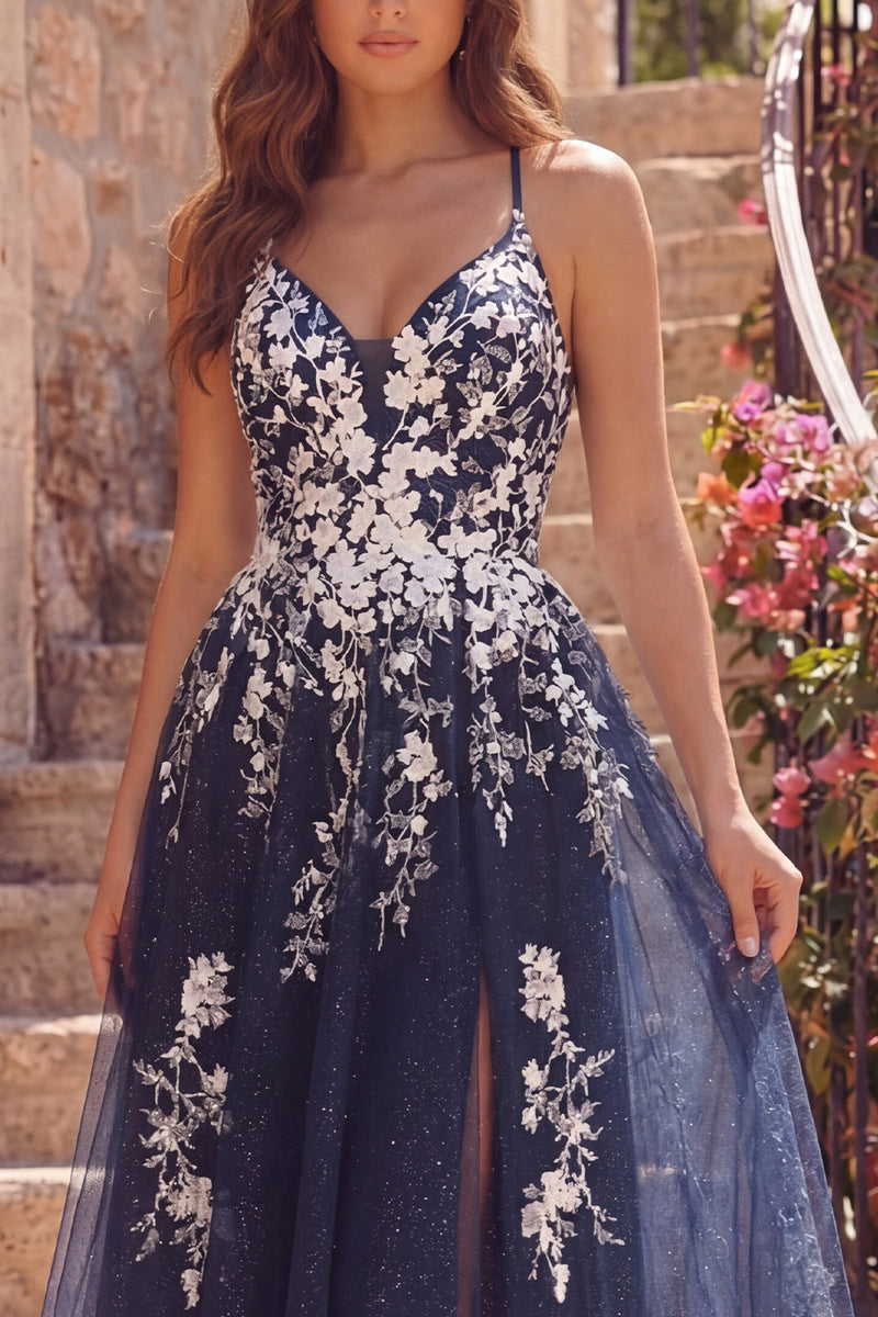 Load image into Gallery viewer, Sparkly Spaghetti Straps A Line Floral Navy Short Prom Dress with Slit