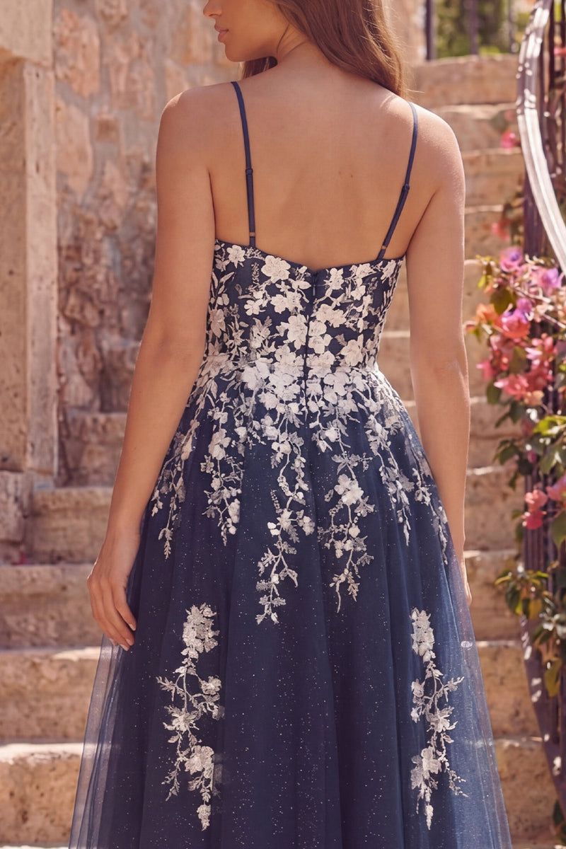 Load image into Gallery viewer, Sparkly Spaghetti Straps A Line Floral Navy Short Prom Dress with Slit