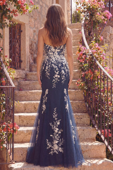 Navy Strapless Floral Mermaid Glitter Long Prom Dress