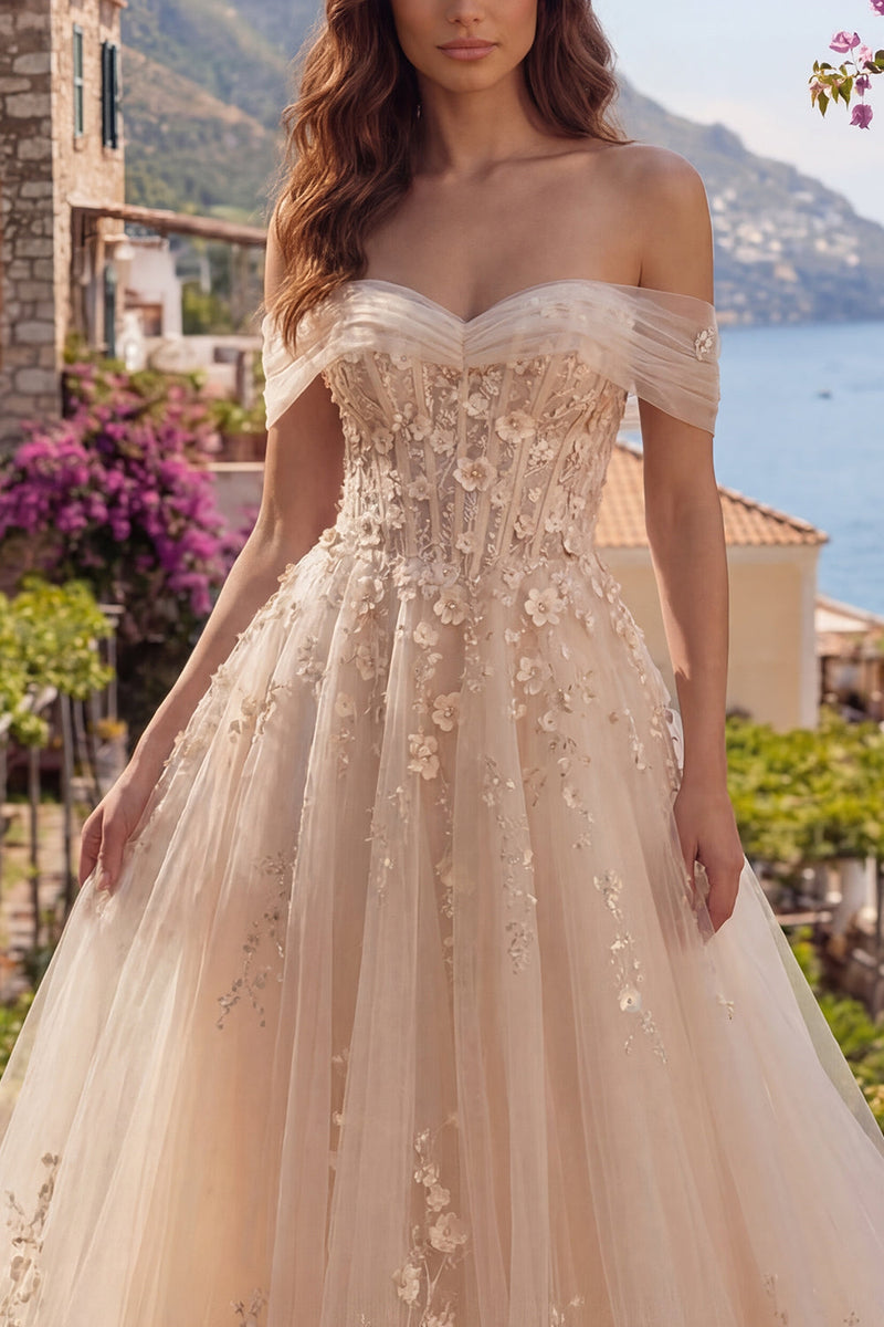 Load image into Gallery viewer, Champagne Corset Off the Shoulder Floral A Line Long Prom Dress