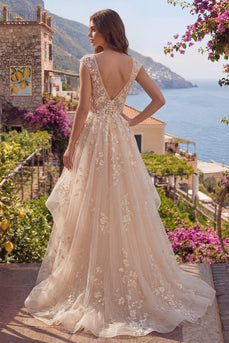 Floral V-Neck Champagne A Line Long Prom Dress with Ruffles