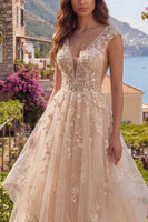 Load image into Gallery viewer, Floral V-Neck Champagne A Line Long Prom Dress with Ruffles