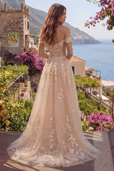 A Line Floral Long Corset Champagne Off the Shoulder Prom Dress