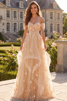 Load image into Gallery viewer, Champagne Off the Shoulder Floral Corset A Line Long Prom Dress with Ruffles