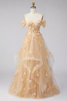 Load image into Gallery viewer, Champagne Off the Shoulder Floral Corset A Line Long Prom Dress with Ruffles