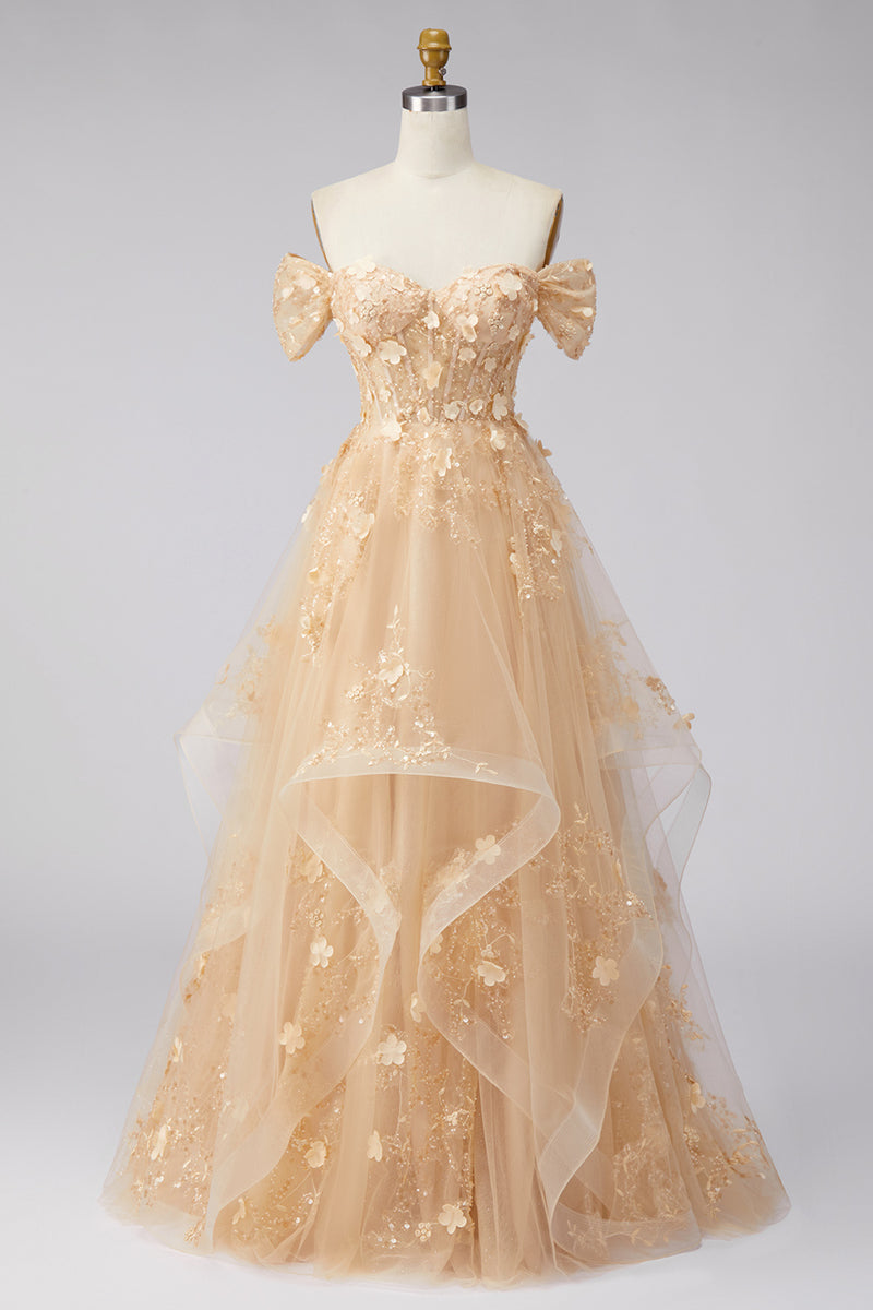 Load image into Gallery viewer, Champagne Off the Shoulder Floral Corset A Line Long Prom Dress with Ruffles