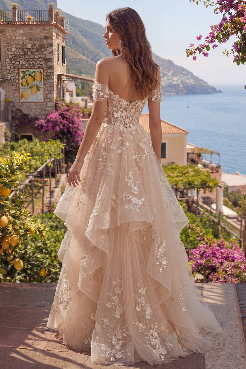 Load image into Gallery viewer, Champagne Off the Shoulder Floral Corset A Line Long Prom Dress with Ruffles