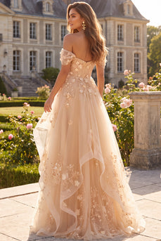 Champagne Off the Shoulder Floral Corset A Line Long Prom Dress with Ruffles
