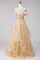 Load image into Gallery viewer, Champagne Off the Shoulder Floral Corset A Line Long Prom Dress with Ruffles