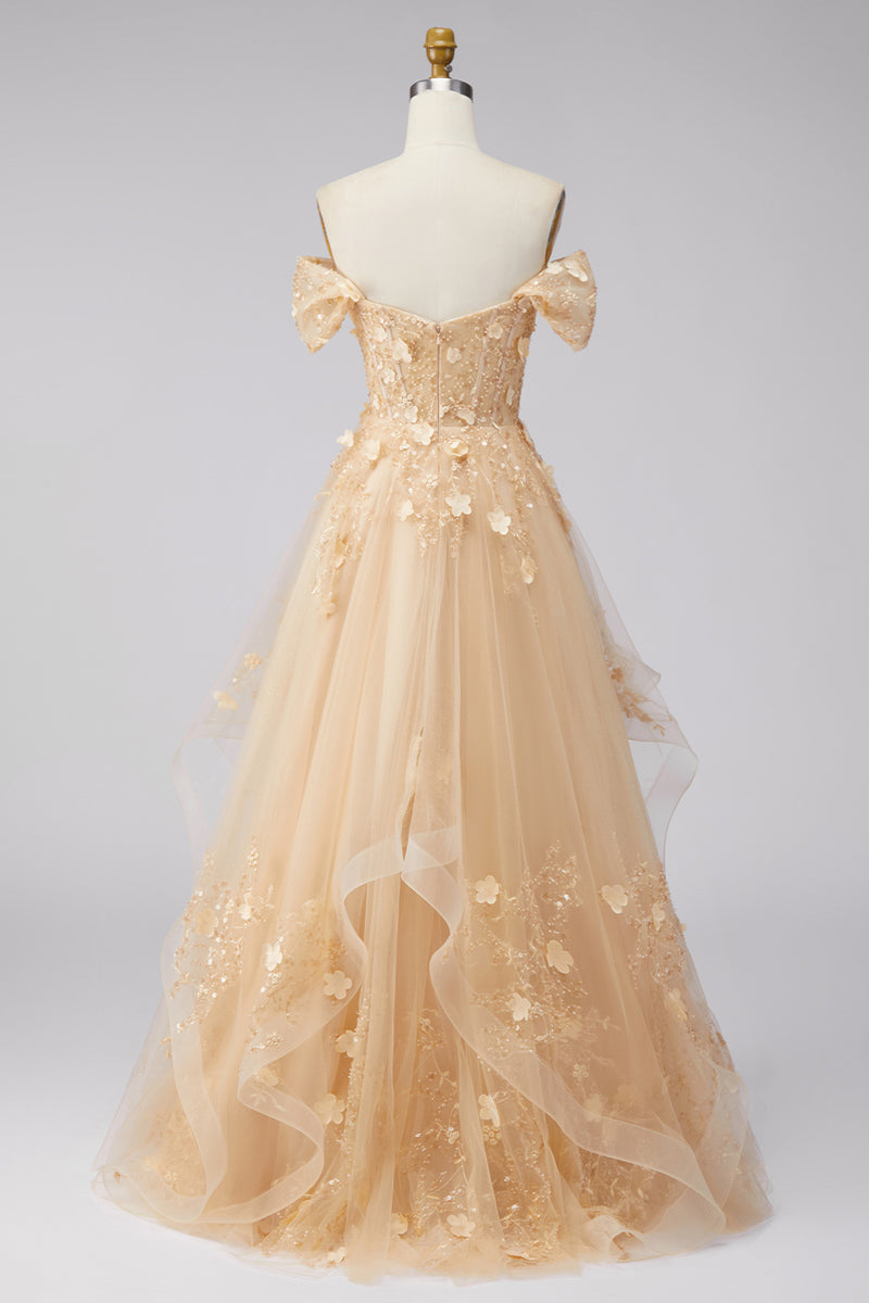Load image into Gallery viewer, Champagne Off the Shoulder Floral Corset A Line Long Prom Dress with Ruffles