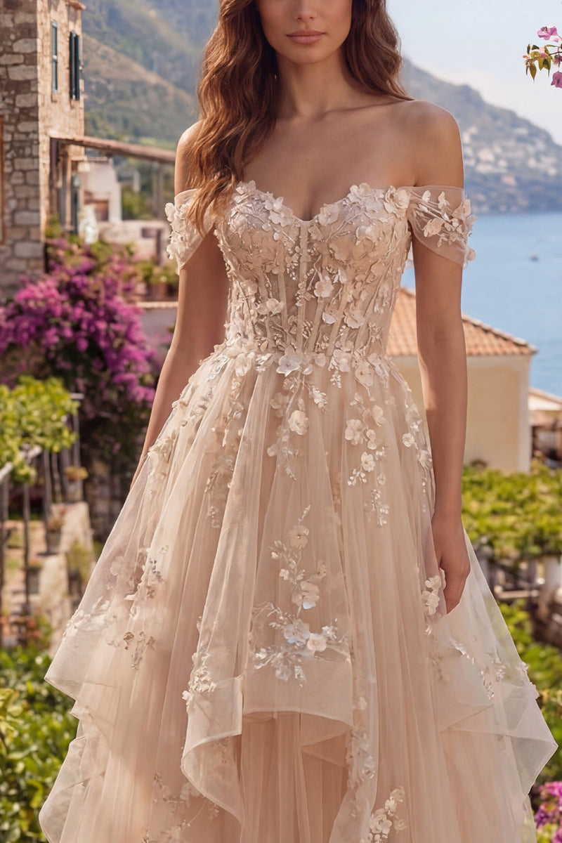 Load image into Gallery viewer, Champagne Off the Shoulder Floral Corset A Line Long Prom Dress with Ruffles