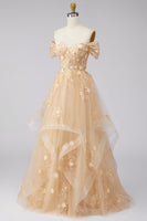 Load image into Gallery viewer, Champagne Off the Shoulder Floral Corset A Line Long Prom Dress with Ruffles