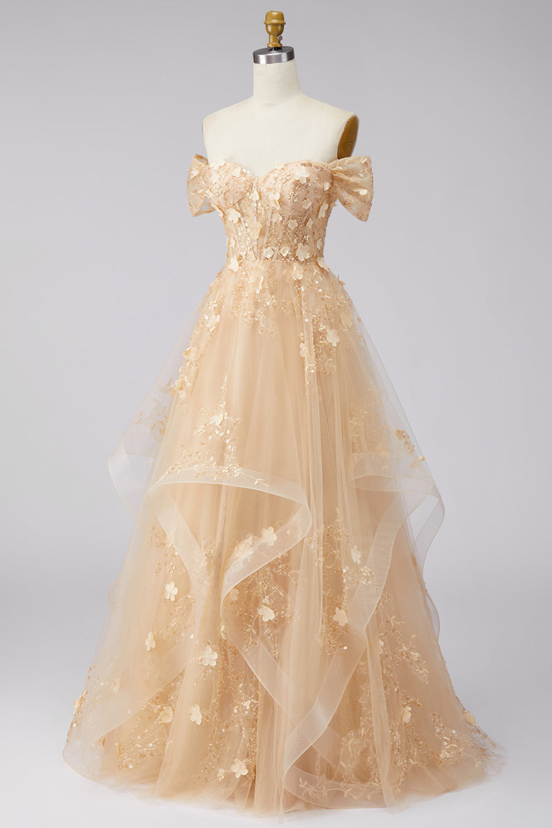 Load image into Gallery viewer, Champagne Off the Shoulder Floral Corset A Line Long Prom Dress with Ruffles