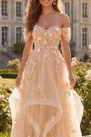 Load image into Gallery viewer, Champagne Off the Shoulder Floral Corset A Line Long Prom Dress with Ruffles