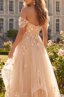 Load image into Gallery viewer, Champagne Off the Shoulder Floral Corset A Line Long Prom Dress with Ruffles