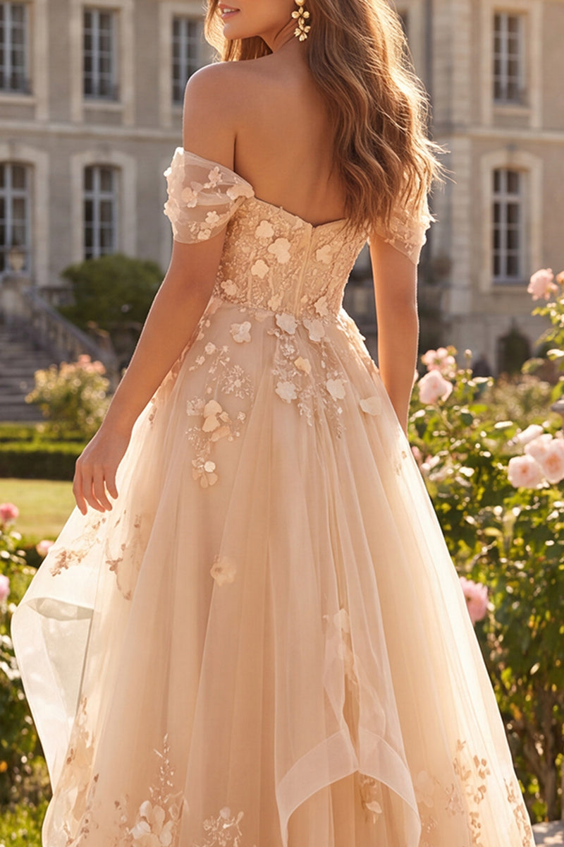 Load image into Gallery viewer, Champagne Off the Shoulder Floral Corset A Line Long Prom Dress with Ruffles