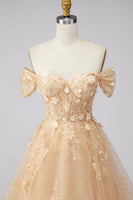 Load image into Gallery viewer, Champagne Off the Shoulder Floral Corset A Line Long Prom Dress with Ruffles