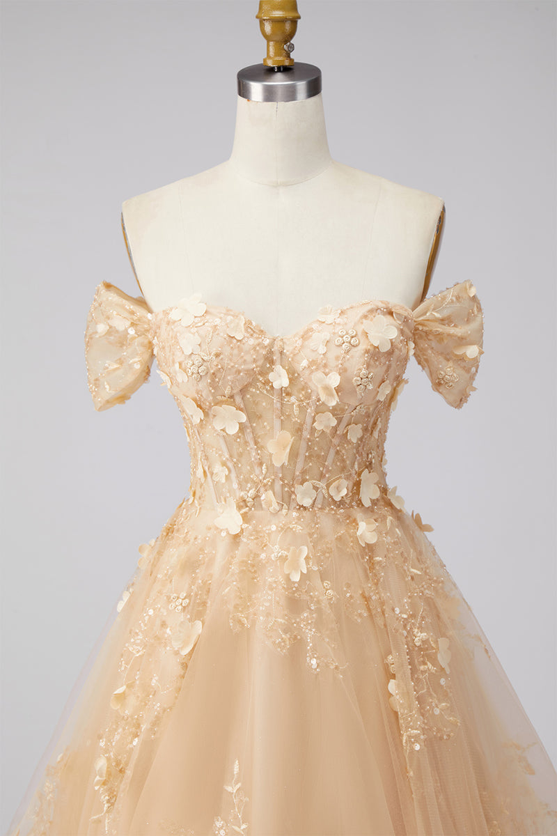Load image into Gallery viewer, Champagne Off the Shoulder Floral Corset A Line Long Prom Dress with Ruffles