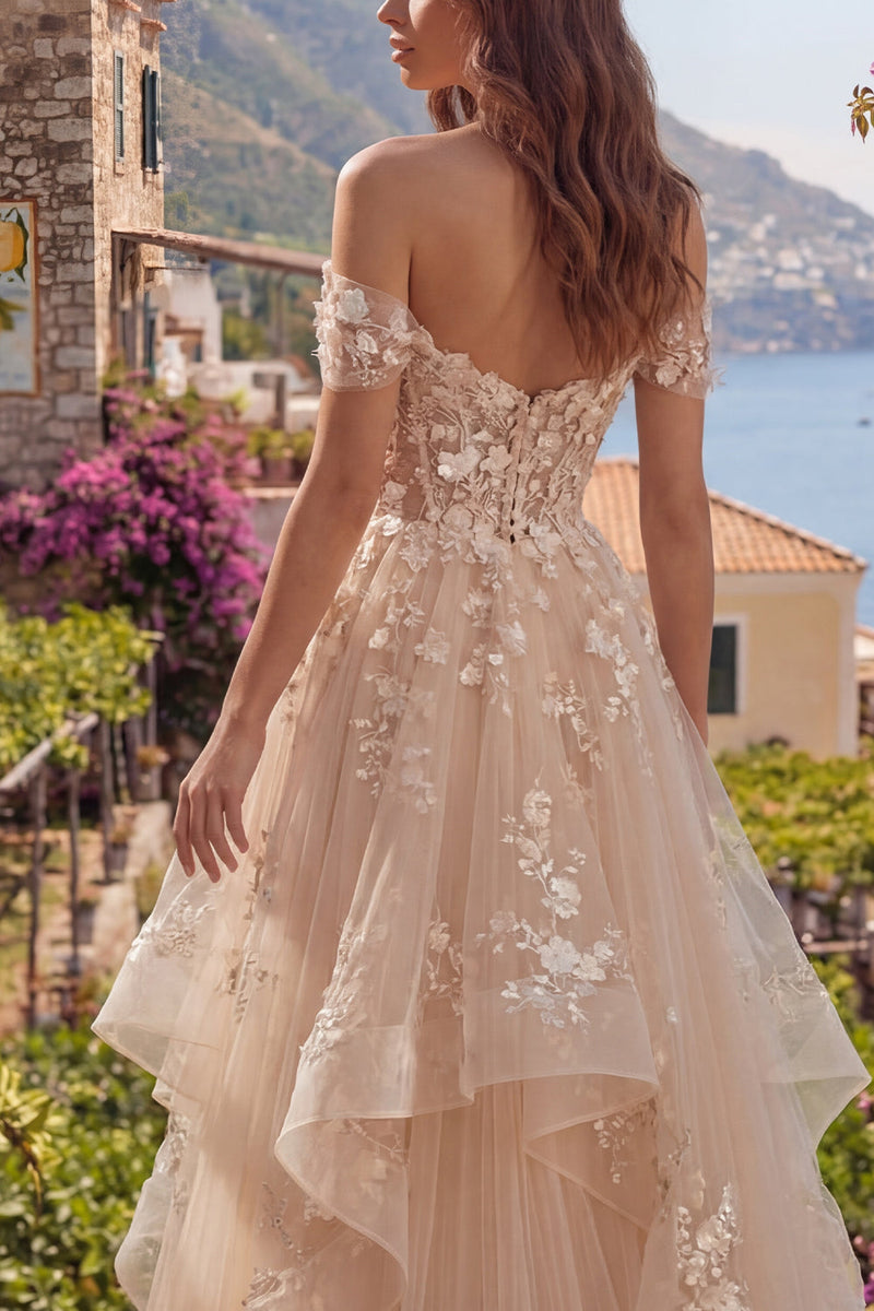 Load image into Gallery viewer, Champagne Off the Shoulder Floral Corset A Line Long Prom Dress with Ruffles