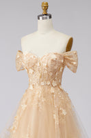 Load image into Gallery viewer, Champagne Off the Shoulder Floral Corset A Line Long Prom Dress with Ruffles