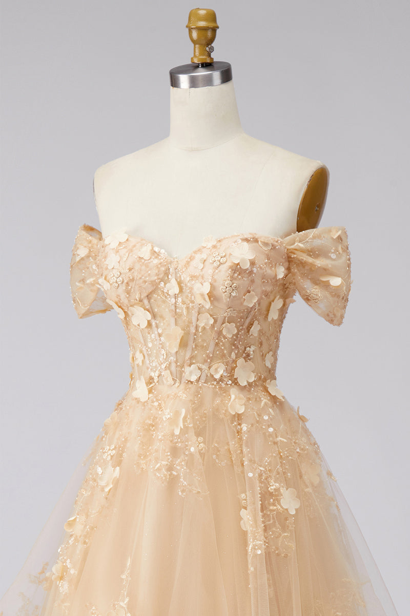Load image into Gallery viewer, Champagne Off the Shoulder Floral Corset A Line Long Prom Dress with Ruffles