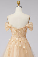 Load image into Gallery viewer, Champagne Off the Shoulder Floral Corset A Line Long Prom Dress with Ruffles