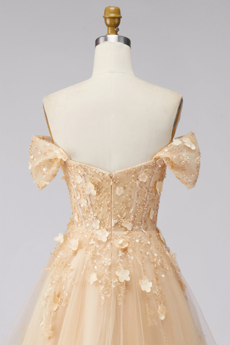 Load image into Gallery viewer, Champagne Off the Shoulder Floral Corset A Line Long Prom Dress with Ruffles