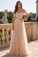 Load image into Gallery viewer, Long Corset Champagne A Line Floral Off the Shoulder Prom Dress