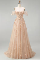 Load image into Gallery viewer, Long Corset Champagne A Line Floral Off the Shoulder Prom Dress