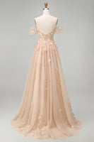 Load image into Gallery viewer, Long Corset Champagne A Line Floral Off the Shoulder Prom Dress