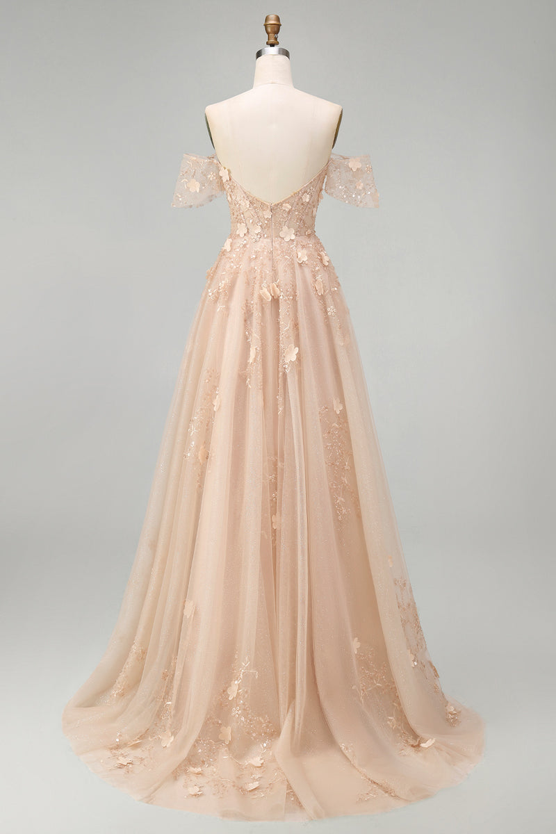 Load image into Gallery viewer, Long Corset Champagne A Line Floral Off the Shoulder Prom Dress