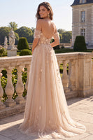 Load image into Gallery viewer, Long Corset Champagne A Line Floral Off the Shoulder Prom Dress