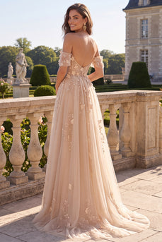 Long Corset Champagne A Line Floral Off the Shoulder Prom Dress