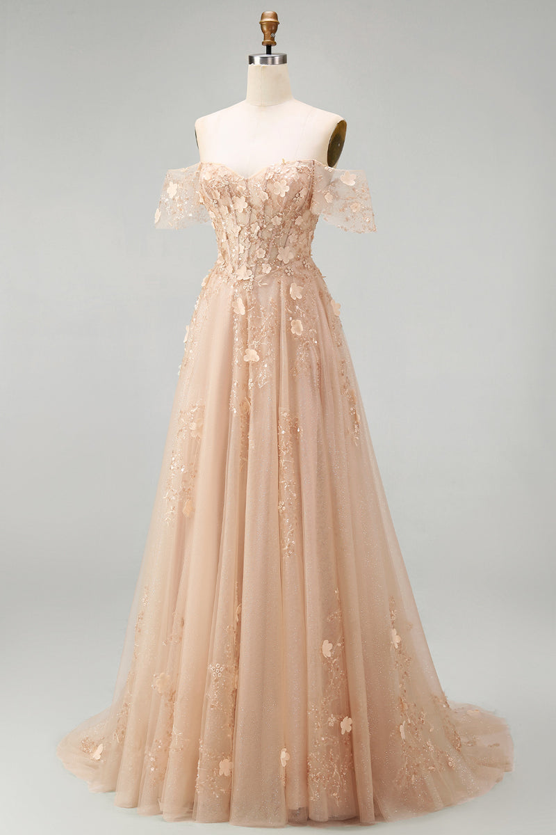 Load image into Gallery viewer, Long Corset Champagne A Line Floral Off the Shoulder Prom Dress