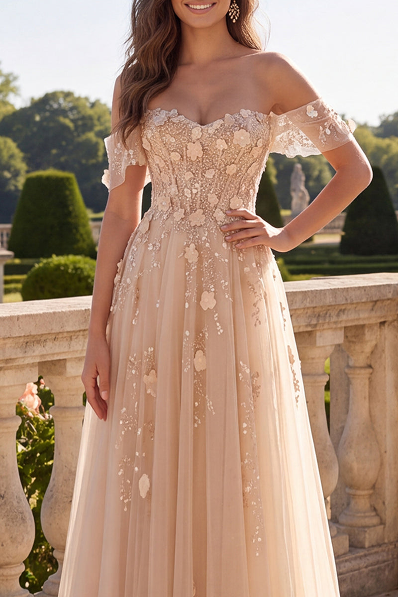 Load image into Gallery viewer, Long Corset Champagne A Line Floral Off the Shoulder Prom Dress
