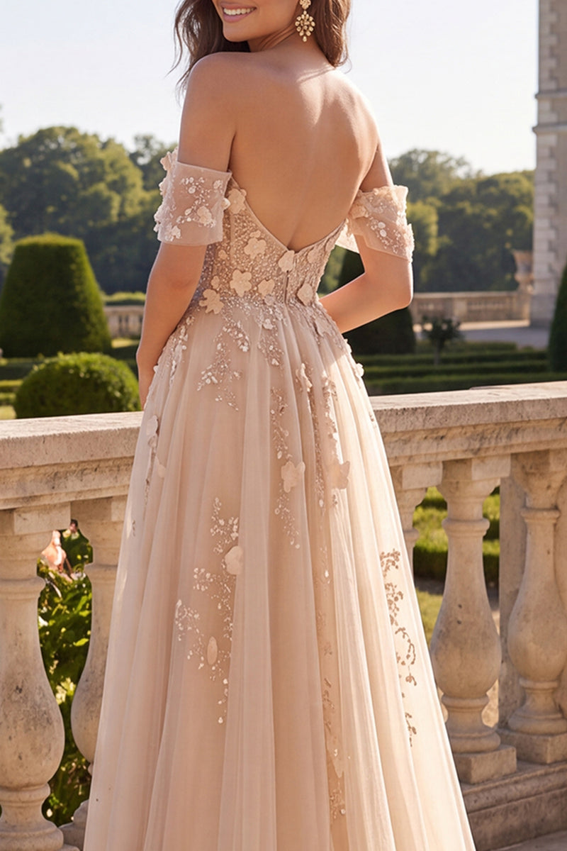 Load image into Gallery viewer, Long Corset Champagne A Line Floral Off the Shoulder Prom Dress