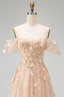 Load image into Gallery viewer, Long Corset Champagne A Line Floral Off the Shoulder Prom Dress