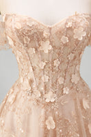 Load image into Gallery viewer, Long Corset Champagne A Line Floral Off the Shoulder Prom Dress