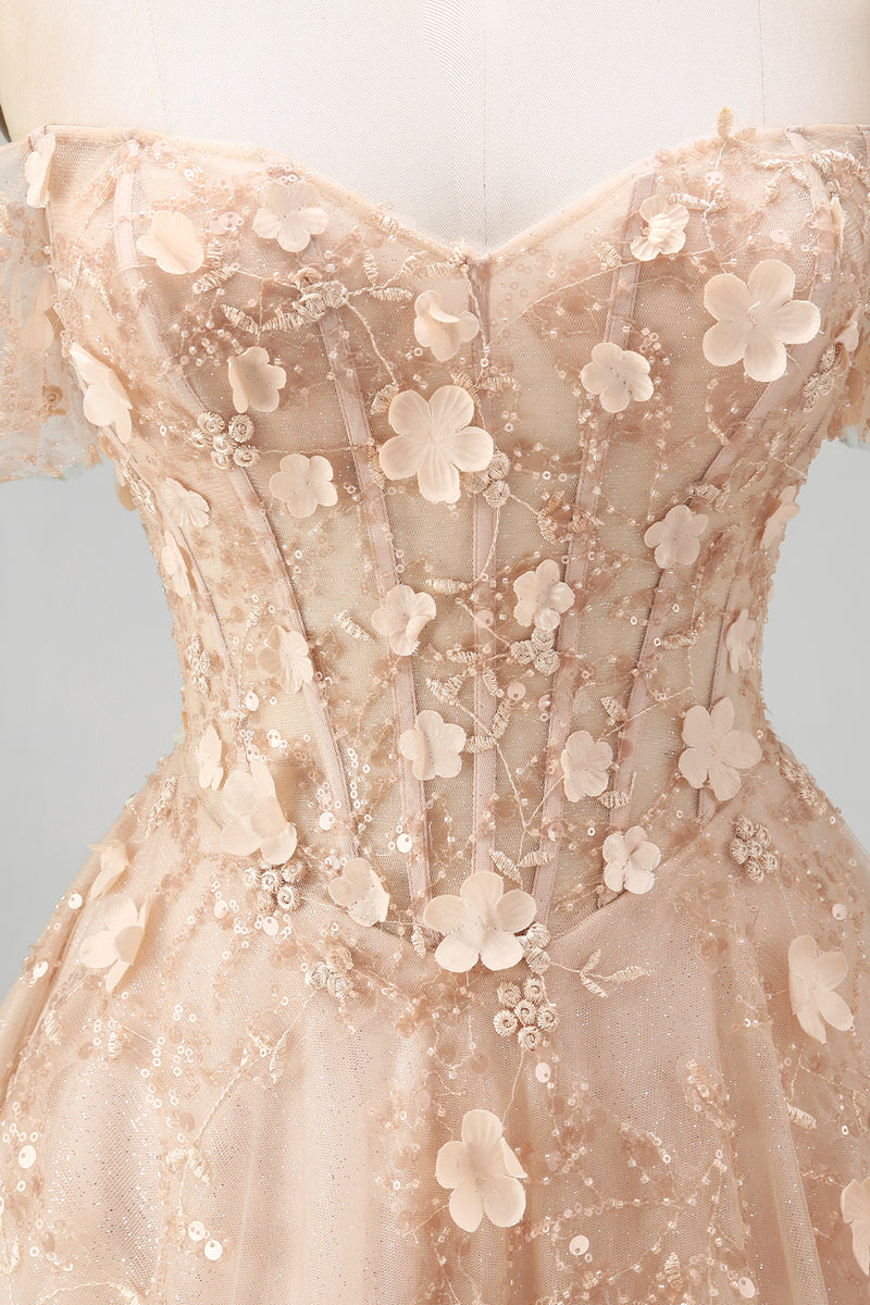 Load image into Gallery viewer, Long Corset Champagne A Line Floral Off the Shoulder Prom Dress