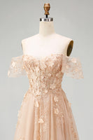 Load image into Gallery viewer, Long Corset Champagne A Line Floral Off the Shoulder Prom Dress