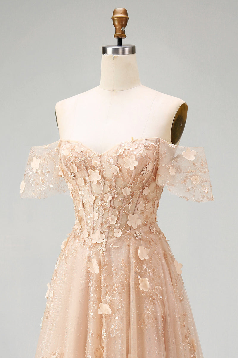Load image into Gallery viewer, Long Corset Champagne A Line Floral Off the Shoulder Prom Dress
