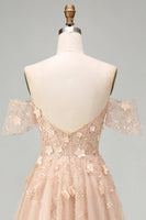 Load image into Gallery viewer, Long Corset Champagne A Line Floral Off the Shoulder Prom Dress