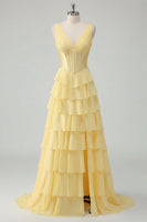 Load image into Gallery viewer, A Line Ruffled Butter Yellow Corset V-Neck Prom Dress with Slit