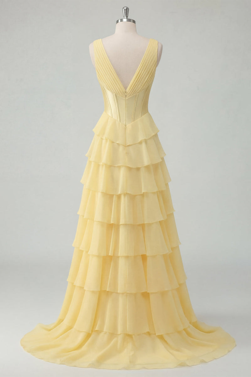 Load image into Gallery viewer, A Line Ruffled Butter Yellow Corset V-Neck Prom Dress with Slit