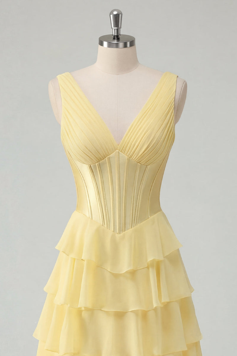 Load image into Gallery viewer, A Line Ruffled Butter Yellow Corset V-Neck Prom Dress with Slit