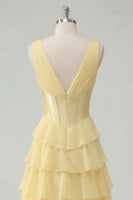 Load image into Gallery viewer, A Line Ruffled Butter Yellow Corset V-Neck Prom Dress with Slit
