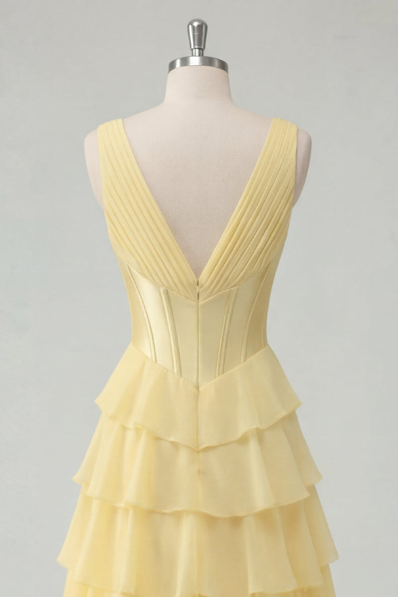 Load image into Gallery viewer, A Line Ruffled Butter Yellow Corset V-Neck Prom Dress with Slit